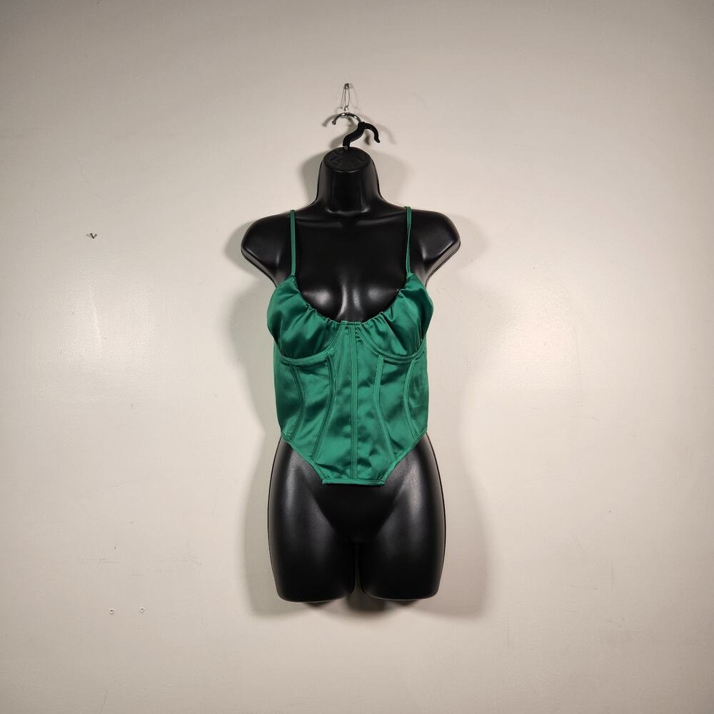 PRETTYLITTLETHING Corset Top Womens 4 Emerald Green Satin‎ Fitted Cutout Hem NEW